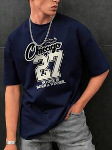 男士圆领美式运动街头风简约休闲印花上衣，日常穿着 - 藏蓝色 - 查看 3