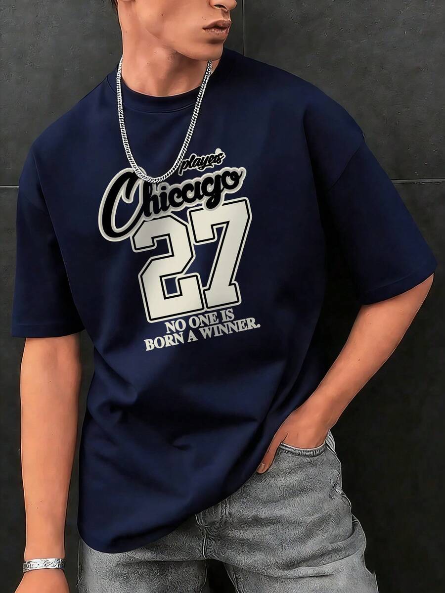 男士圆领美式运动街头风简约休闲印花上衣，日常穿着 - 藏蓝色 - 查看 1