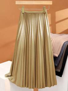 Elegant Women's Solid Color Satin Pleated Skirt, Versatile High Waist Flared A-Line Skirt, Graceful Ankle-Length Skirt Spring - Champagne - View 2