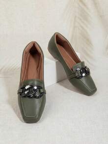 Olive Green Nappa Square Toe Moccasin I Chain - 軍綠色 - 查看 11