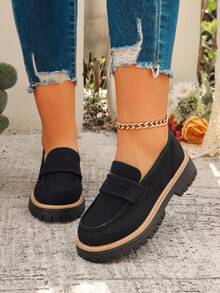 女士时尚休闲圆头乐福鞋，套脚厚底平底鞋 - 黑色 - 查看 6