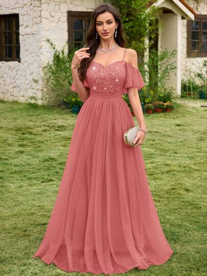 MIUSOL 亮片花卉蕾丝心形领口露肩撞色网纱荷叶边下摆正式派对长裙，优雅派对礼服，舞会礼服，适合婚礼宾客、毕业典礼、正式晚宴等场合。