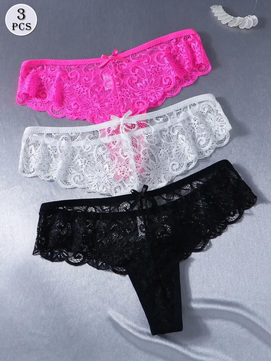 3 Stück sexy Spitzen-String-Höschen mit tiefer Taille für Frauen - Verschiedenfarbig - Übersicht 1