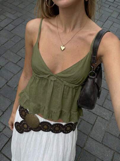 Buzzelle 女式波西米亚风亚麻休闲性感细肩带上衣，适合音乐节演唱会派对，辣妹春夏年轻女孩日常穿着，狂野