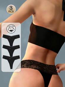 3条装性感蕾丝丁字裤，低腰，高弹力，V型腰带，女士内衣，春夏款 - 黑色 - 查看 9