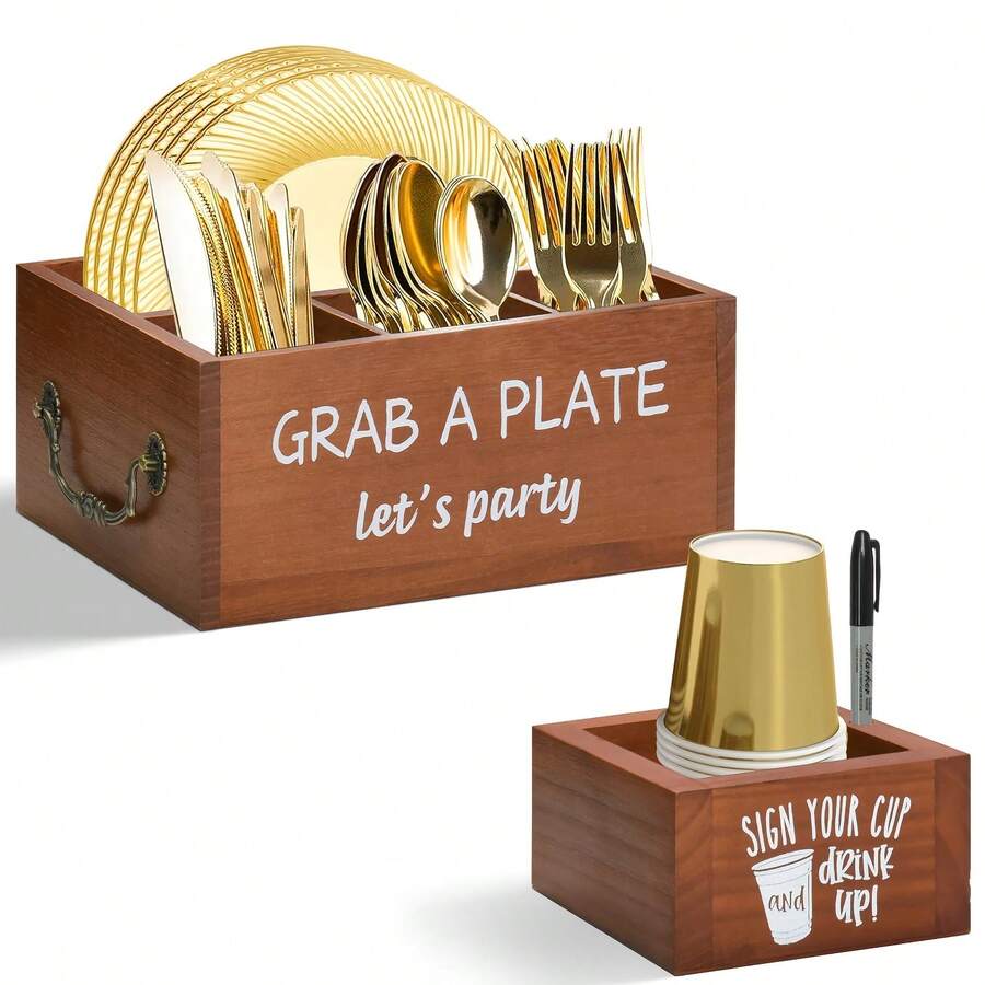 Paper Plate Holders For Kitchen Countertop, Wooden Utensil Caddy With Large Cup Holder, Disposable Paper Plate Organizer Silverware Caddy For Plate, Cup, Fork, Spoon, Napkin, Condiment (Set Of 2) - Brown - View 1