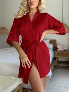 一件热销可穿戴浴袍，和服，晨袍，性感西式女士家居服，冰丝缎蕾丝长袖睡袍，圣诞节情人节礼物 - 紅色 - 查看 4