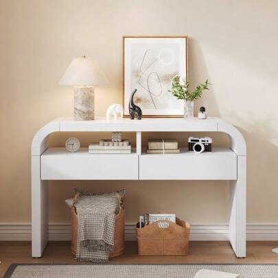 Modern Console Table With Drawers For The Entryway, Sideboard With Curved Front And Adjustable Feet, Narrow Console Table For Hallway, Corridor Or Living Room (White)