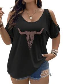 Plus Size - Plus Size - Women's Western Cowboy Style  Oversized Top, Featuring Irregular Sizing And An Elegant Off-The-Shoulder Design.Very Suitable For Casual Retro Looks - Black - View 1