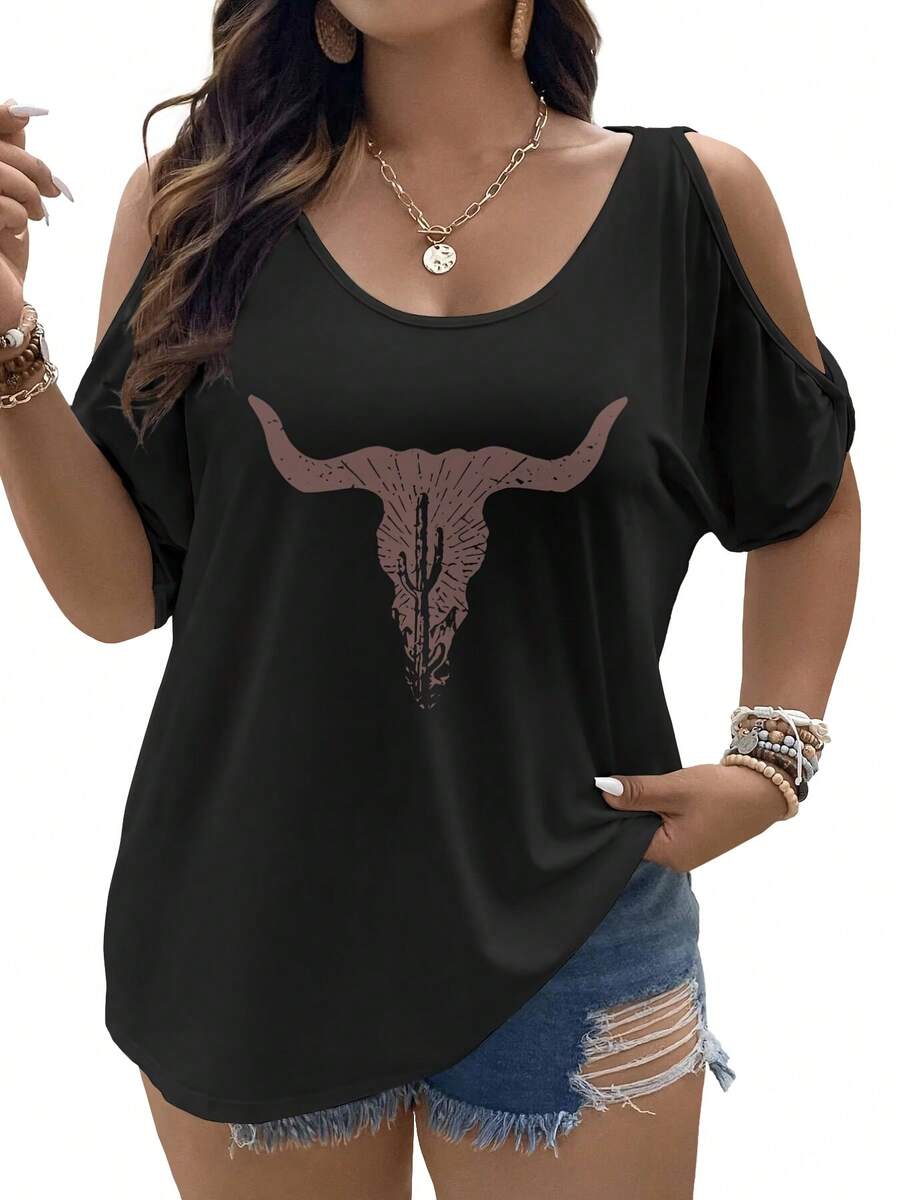 Plus Size - Plus Size - Women's Western Cowboy Style Oversized Top, Featuring Irregular Sizing And An Elegant Off-The-Shoulder Design.Very Suitable For Casual Retro Looks - Black - View 1