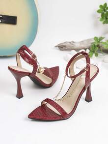 1双基本款高跟凉鞋，尖头细跟，女士夏季正装鞋 - 酒紅色 - 查看 5