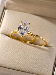 Bộ 2 chiếc nhẫn bạc S925 dành cho nữ, nhẫn Moissanite hình oval 4CT, kiểu dáng xoắn, thích hợp làm quà cưới, quà tặng hàng ngày và quà tặng ngày lễ. - Nhiều màu - Xem 4