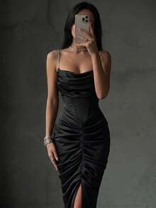 Women's Fashionable Summer Sexy Elegant Crystal Decor Black Mid-Length Pleated Slit Fitted Dress, Suitable For Evening Party, Cocktail Party, Night Out Wedding Spring - Black - View 10