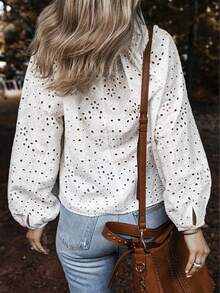 Solid Color Embroidered V-Neck Long Sleeve Shirt, Casual Wear Vacation Spring White - White - View 6
