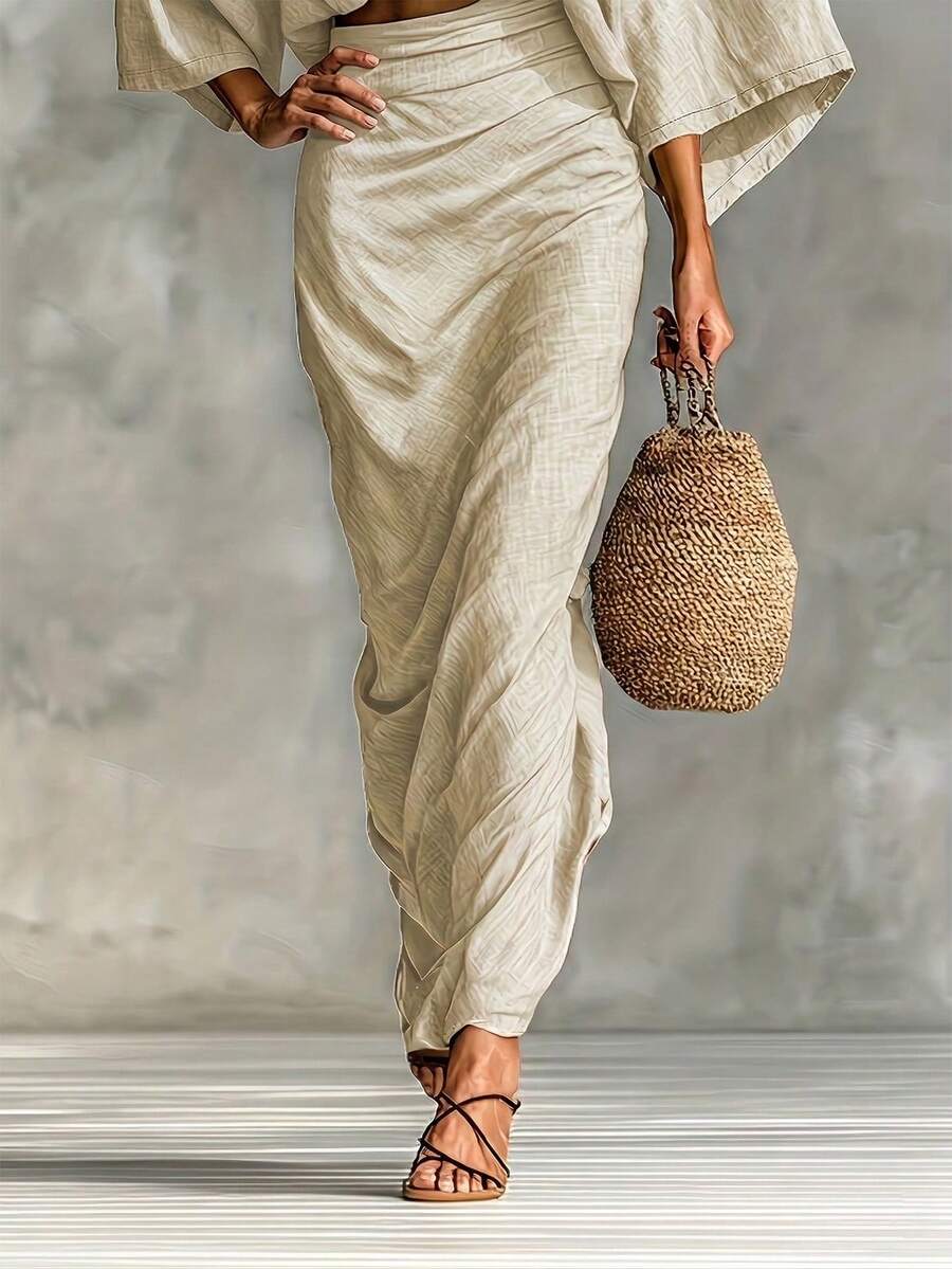 女士长款修身半身裙，配有隐形拉链，适合休闲或正式场合。 - 米色 - 查看 1