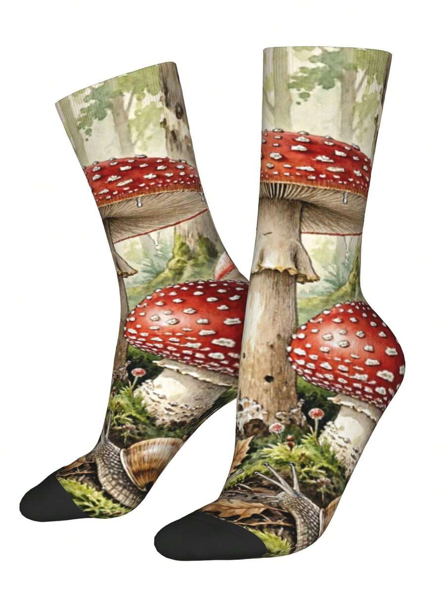 Cross Stitch Mushroom Snail Forest Pattern Novelty Crew Socks - White - View 1