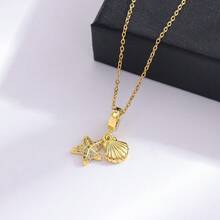 1pc 18K Gold Plated Luxury Micro-Inlaid Zirconia Starfish & Shell Necklace, Stainless Steel Fashionable Necklace Suitable For Daily Wear - Gold - View 3