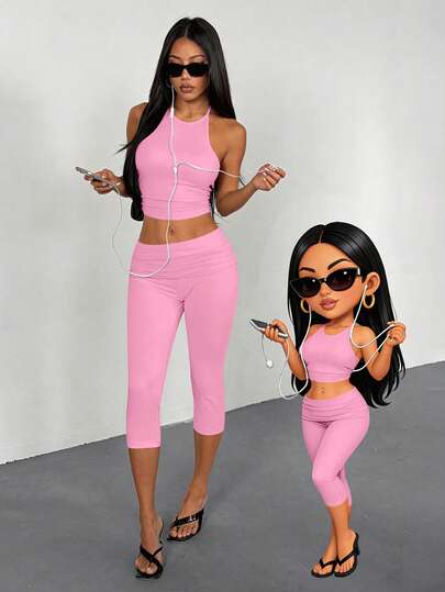 AITYI Studio Women's Set, Well Fit Casual Backless Tie-Strap Design Solid Color Fashionable Sexy Slim Fit Hottie Outdoor Street Casual Y2K Beach Party Graduation Back To School Carnival Easter Music Festival Spring Summer Camisole & Capri Pants Knit 2-Piece Set