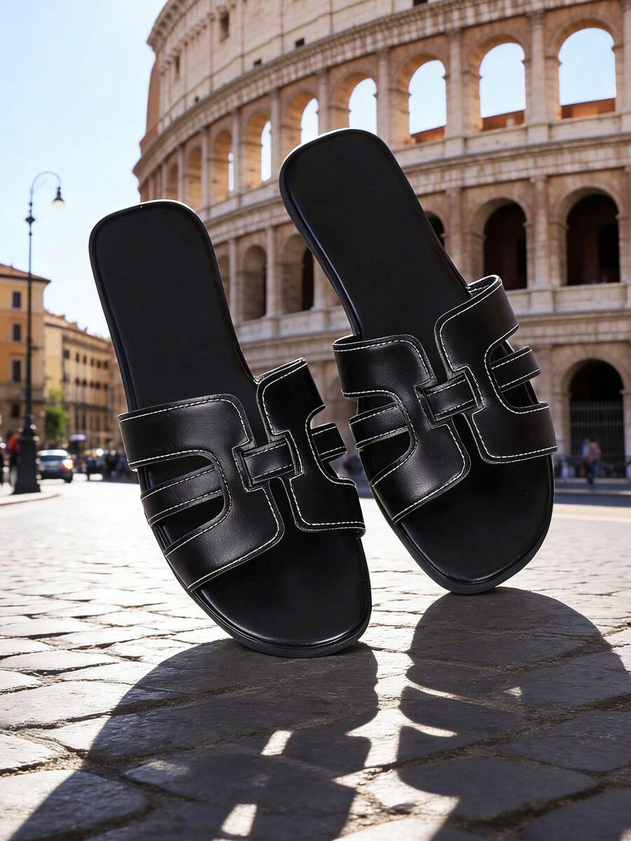 纯色韩版拖鞋，新款平底度假沙滩凉鞋，女士系带凉鞋