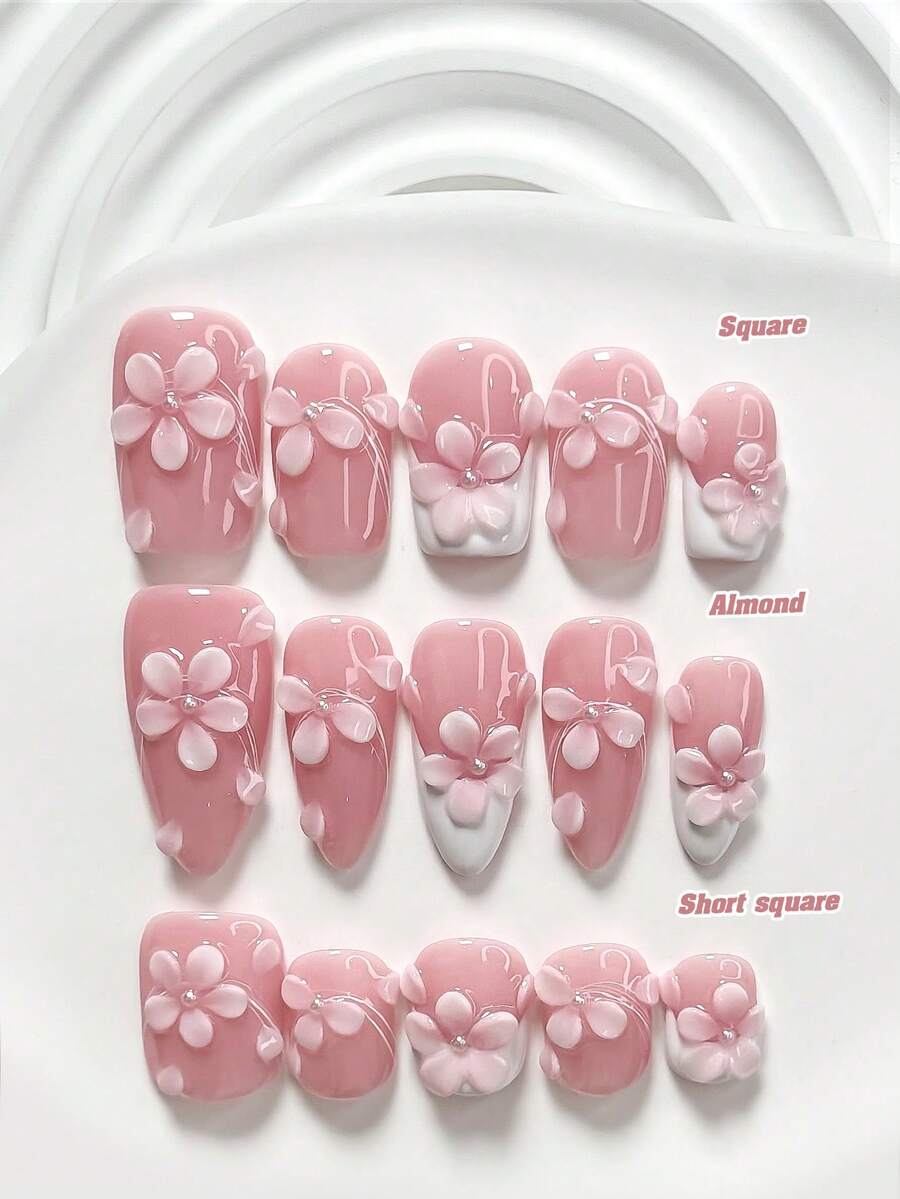 10 pièces Ensemble d'art des ongles acrylique élégant et mignon, ongles acryliques pressés, ongles à fleurs roses délicates à 5 pétales faits à la main, vernis à ongles blanc, kit d'ongles d'été idéal, comprend des outils à ongles (1 autocollant en gelée + 1 lime à ongles), 3 tailles disponibles : carré, carré court, amande, convient pour le quotidien, les fêtes, les séances photo, les déplacements au printemps et en été - Multicolore - Voir 1