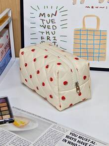 4pcs Strawberry Quilted Cosmetic Bag Set, Large Capacity Makeup Organizer, Cute Travel Toiletry Storage Bags,Valentine's Day Mother's Day Back To School - Multicolor - View 8