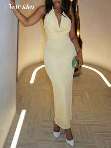 Women's Sexy & Elegant Light Yellow Spaghetti Strap Dress, Deep V-Neck Low Back Fitted Long Gown For Resort, Evening Party - Yellow - View 6