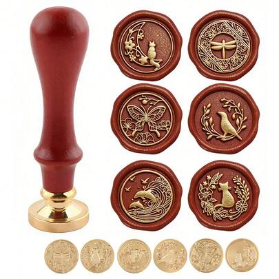 Conjunto de 7 peças (6 cabeças de carimbo + 1 cabo), carimbos com tema de animais - gato, golfinho, borboleta, libélula, corvo, kit de carimbos de cera com 6 padrões