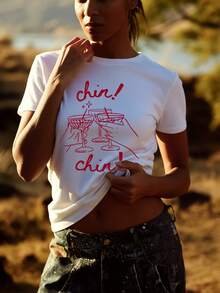 Retro "Cheers!" Cocktail Print Crew Neck T-Shirt | Women's Slim Fit Active Top, Perfect For Gym And Weekend Relaxation, Active Lifestyle, And Party Looks - White - View 3