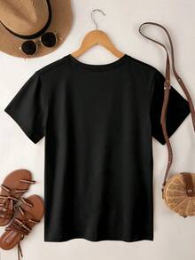 Camiseta casual de manga corta y cuello redondo con estampado de patrón de línea abstracta de rostro para mujer - Negro - Ver 2
