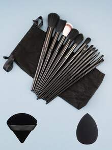 13 piezas Juego de brochas de maquillaje profesionales suaves y esponjosas, que incluye brocha para base, brocha para sombras de ojos, brocha kabuki, etc., con bolsa de maquillaje y esponja, excelente regalo para principiantes en maquillaje - Negro - Ver 10