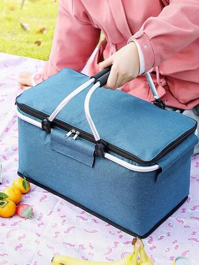 Foldable Picnic Basket, Shopping Basket, Large Insulated Basket With Dual Handles, Waterproof Lining, Suitable For Beach, Camping, Shopping, Convenient To Carry, Fashionable