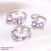 3pcs/Set Fashion Y2K Style Bow & Heart Rhinestone Ring Set, Suitable For Girls, For Party And Daily Wear - Multicolor - View 3