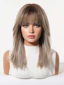18 Inch Ash Blonde Wig Mixed Color With Highlights Straight Bob Wig With Bangs For Women, Heat Resistant Synthetic Wig For Daily & Party Wear - Màu dương cầm - Xem 3