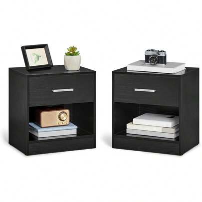 VASAGLE Mesita de Noche, Juego de 2, Mesa Auxiliar con Compartimento Abierto, Cajón, Asa, Dormitorio, Sala de Estar, Blanco Clásico MLET819T14