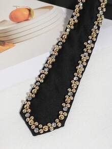 1pc Men's Fashion Shiny Crystal Faux Pearl Edged Tie, Suitable For Dates, Parties, Weddings, Groomsmen - Black - View 4