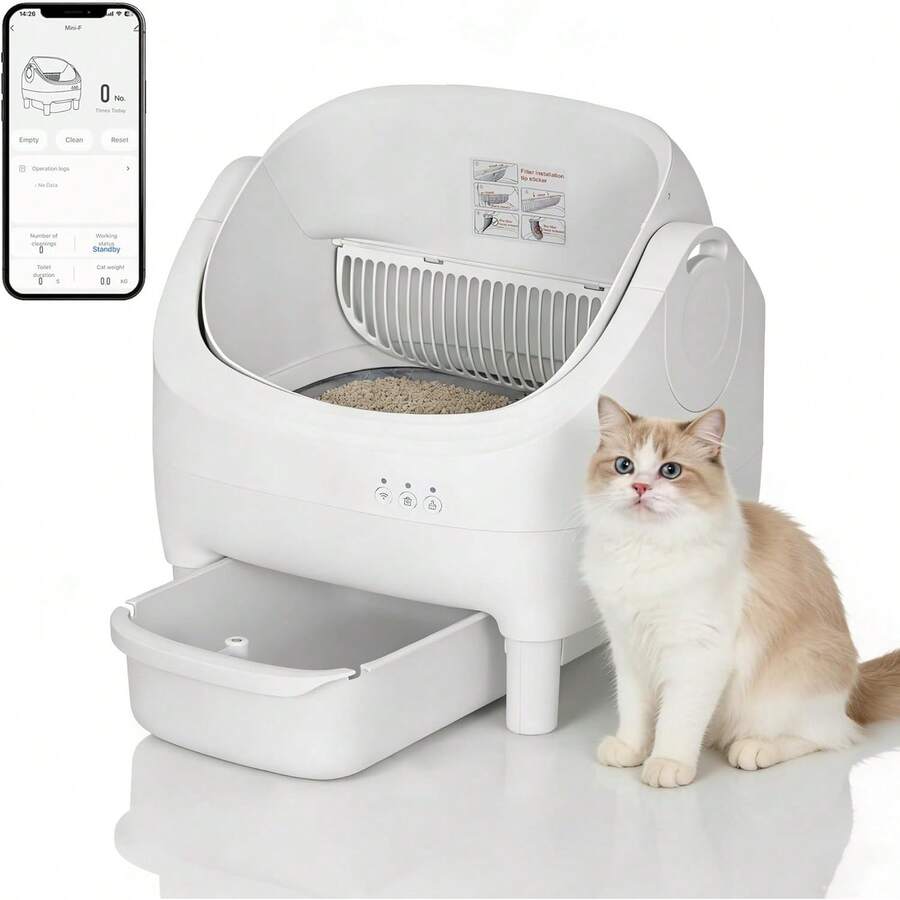 Caja de basura automática de gato, Aplicación inteligente de la caja de basura de autolimpieza, Open-Top Litiere Pour Chat Autonettoyant para gatos grandes, Caja de basura multi-gato inodora, 10.5L Litiere Automatique Pour Chat - Blanco - Ver 1