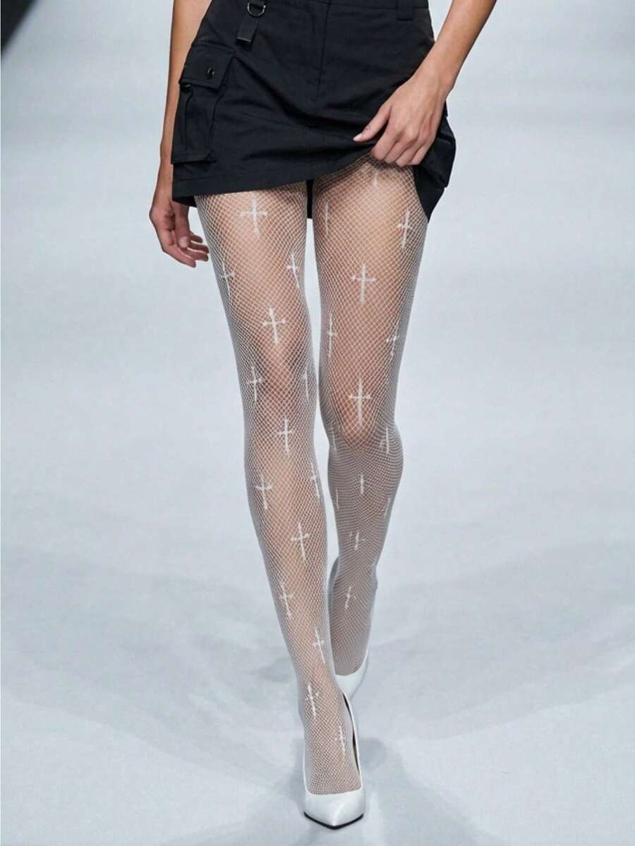 1 双亚文化十字绣渔网袜，黑白网眼袜，朋克风格，轻便网眼渔网袜带孔，夏季黑色长袜。 - 彩色 - 查看 1