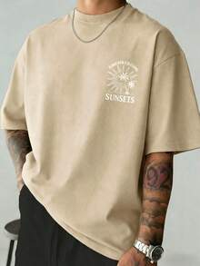 Fractyr 男士休闲度假街头风宽松短袖T恤 | 简约棕榈树和太阳字母印花 | 精致设计 | 夏季必备 | 百搭时尚 - 杏色 - 查看 3