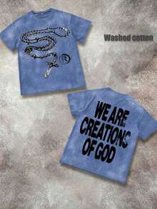 Unisex "We Are Creations Of God" Graphic T-Shirt, Double-Sided Rosary Cross Print 220G Cotton Y2K Streetwear Tee Y2K Dark Aesthetic Tee Breathable & Comfortable Cotton - 水洗藍 - 查看 1