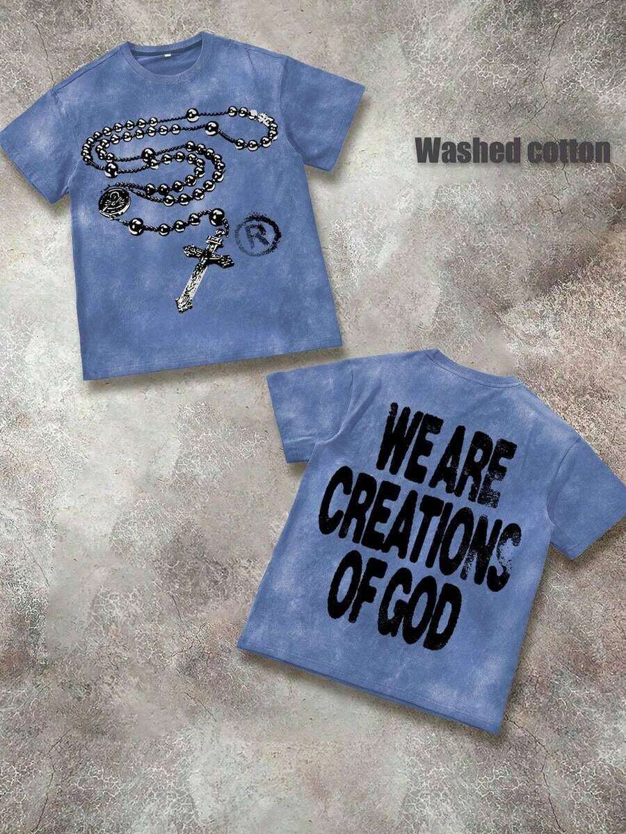 Unisex "We Are Creations Of God" Graphic T-Shirt, Double-Sided Rosary Cross Print 220G Cotton Y2K Streetwear Tee Y2K Dark Aesthetic Tee Breathable & Comfortable Cotton - 水洗藍 - 查看 1