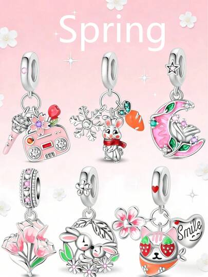 Cute Spring Themed Enamel Charm Beads – Rabbit, Flower, Cat, Radio, Moon & Strawberry Silver Plated DIY Bracelet Accessories, Compatible With Style Bracelets, Gift For Her