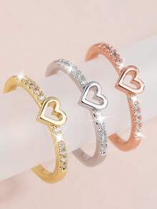 1枚优雅的立方氧化锆心形戒指，适合作为情人节、婚礼、订婚、周年纪念派对的礼物送给女性 - 玫瑰金色 - 查看 4