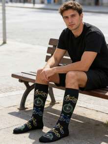 1 Pair Men's Colorful Bicycle Pattern Socks On Black Background, Casual Socks For All Seasons - Multicolor - View 3