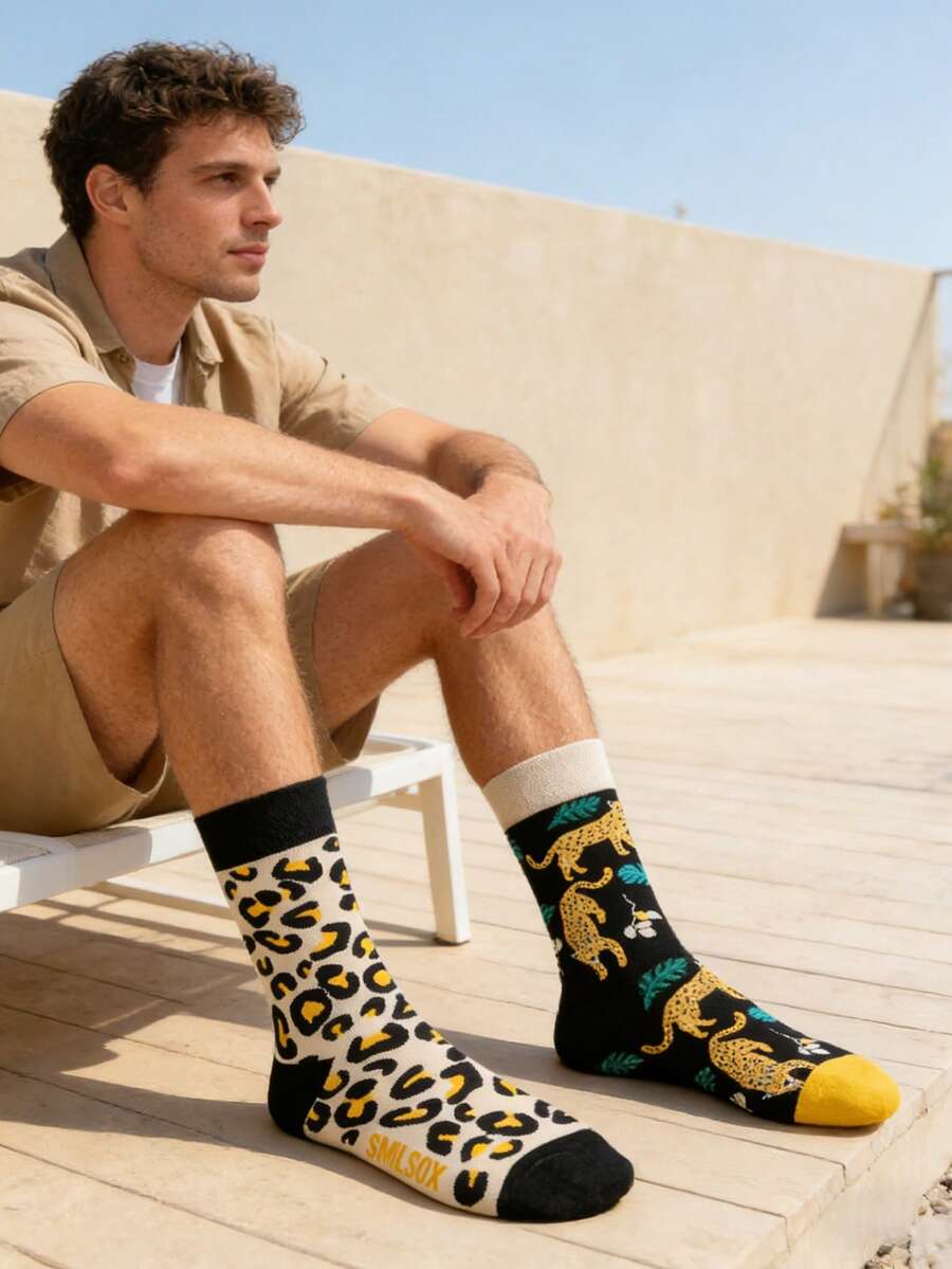 1 双男女通用豹纹图案中筒袜，适合所有季节 - 彩色 - 查看 1