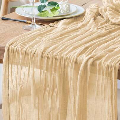 1pc Crinkle Gauze Bohemian Rustic Cheese Cloth Table Runner, Decorative Table Cloth, Suitable For Bridal Shower, Baby Shower, Or Wedding Table Decor