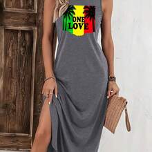 Women's Sleeveless Graphic Print Tank Dress ONE LOVE Palm Tree Rastafarian Stripe Casual Round Neck Dress With Pockets - Dark Gray - 查看 1