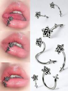不锈钢马蹄形玫瑰花耳钉 S形耳环 女士时尚经典肚脐环唇钉 唇部穿孔饰品 - 鋼色 - 查看 10