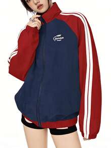 Y2K Sporty Chic! Navy Blue & Red Contrast Raglan Sleeve Baseball Jacket, Vintage Embroidered Loose Fit Bomber Coat - Multicolor - View 10