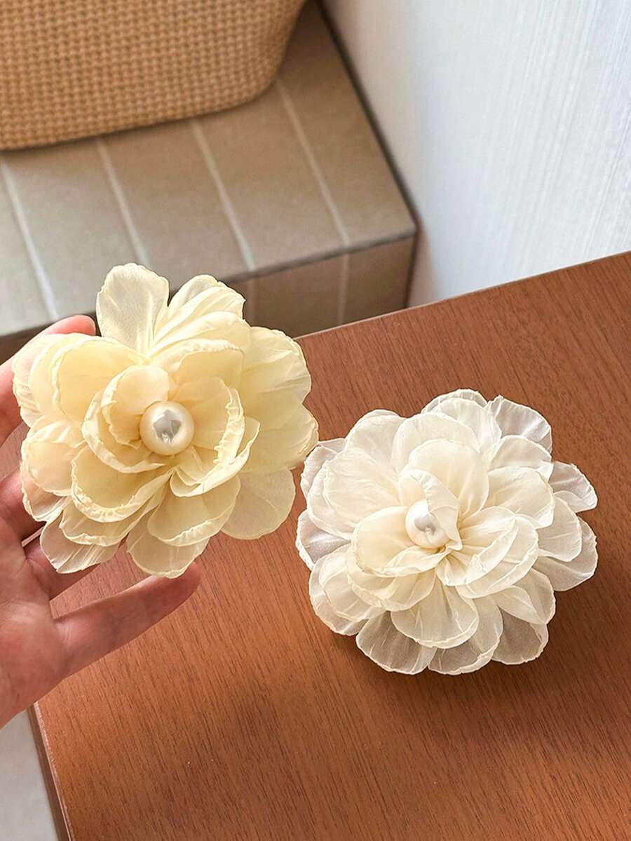 2个波西米亚风人造花发夹，复古网纱人造珍珠花朵发饰，时尚百搭侧边花朵头饰，适合度假、情人节等场合 - 彩色 - 查看 1