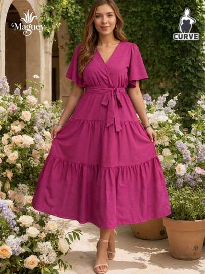 Elegante Vestidos Largo de Talla Grande para Fiestas, Con Puños Y Dobladillo Con Volantes, Escote En V Con Detalle de Lazo, Adecuado para Uso Diario Informal Y Fiestas